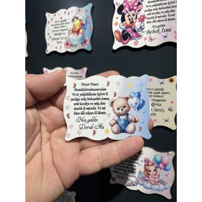 Kişiye Özel Bebek Magneti 8x6 cm Ahşap – UV Baskılı Doğum, Mevlüt & Baby Shower Hediyeliği (10 Adet)