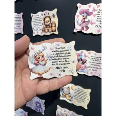 Kişiye Özel Bebek Magneti 8x6 cm Ahşap – UV Baskılı Doğum, Mevlüt & Baby Shower Hediyeliği (10 Adet)