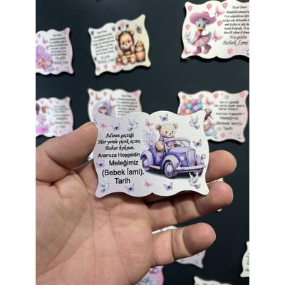 Kişiye Özel Bebek Magneti 8x6 cm Ahşap – UV Baskılı Doğum, Mevlüt & Baby Shower Hediyeliği (10 Adet)