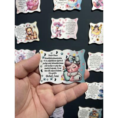 Kişiye Özel Bebek Magneti 8x6 cm Ahşap – UV Baskılı Doğum, Mevlüt & Baby Shower Hediyeliği (10 Adet)