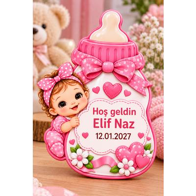 Kişiye Özel Bebek Magneti Kız Bebek Biberon Tasarımlı Ahşap UV Baskı Doğum Hatırası Magnet