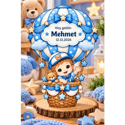 Kişiye Özel Erkek Bebek Magneti Balon Tasarımlı Ahşap UV Baskı Doğum Hatırası Magnet