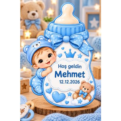 Kişiye Özel Erkek Bebek Magneti Biberon Tasarımlı Ahşap UV Baskı Doğum Hatırası Magnet