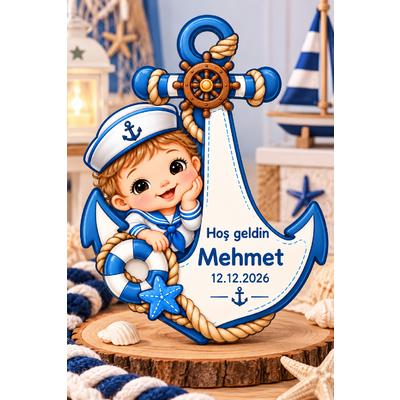 Kişiye Özel Erkek Bebek Magneti Denizci Temalı Ahşap UV Baskı Doğum Hatırası Magnet