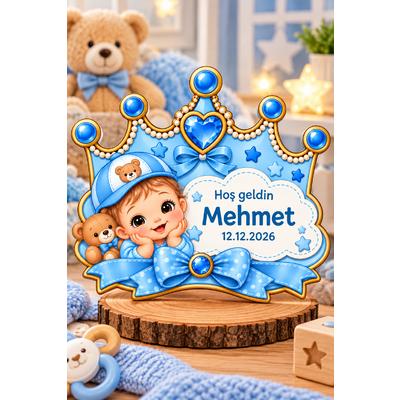 Kişiye Özel Erkek Bebek Magneti Taç Tasarımlı Mavi Ahşap UV Baskı Doğum Hatırası