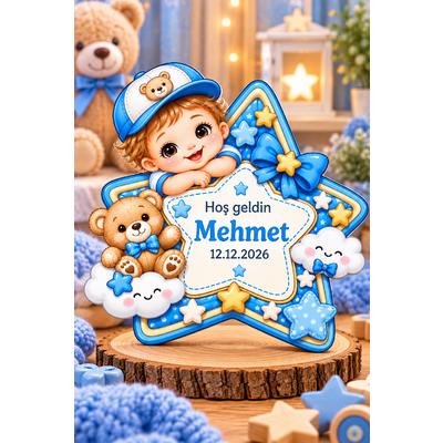 Kişiye Özel Erkek Bebek Magneti Yıldız Tasarımlı Ahşap UV Baskı Doğum Hatırası Magnet