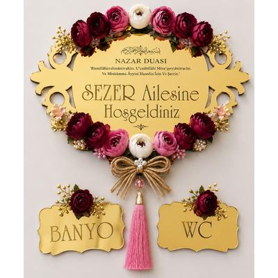 Kişiye Özel Gold Aynalı Nazar Dualı Kapı Süsü – Banyo ve WC Tabelalı Çiçekli Hoşgeldiniz Panosu