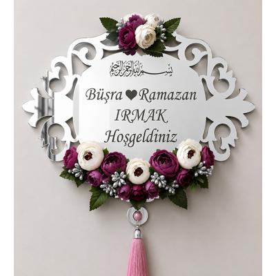 Kişiye Özel Gümüş Aynalı Çiçekli Kapı Süsü – İsim ve Soyisimli Hoşgeldiniz Panosu