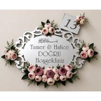 Kişiye Özel Gümüş Aynalı Çiçekli Kapı Süsü – İsimli ve Kapı Numaralı Hoşgeldiniz Panosu