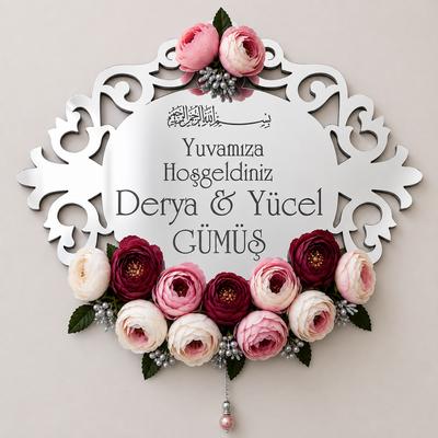 Kişiye Özel Gümüş Aynalı Çiçekli Kapı Süsü – Yuvamıza Hoşgeldiniz Aile İsimliği