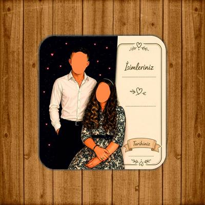 Kişiye Özel karikatür Resimli Ahşap Nikah Magneti 8x8 cm – UV Baskılı Söz, Nişan ve Nikah Hediyeliği (10 Adet)