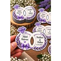 Mor Lavantalı Nikah Magneti – Kişiye Özel Alyans Yüzük Modeli Ahşap MDF 8x6 cm