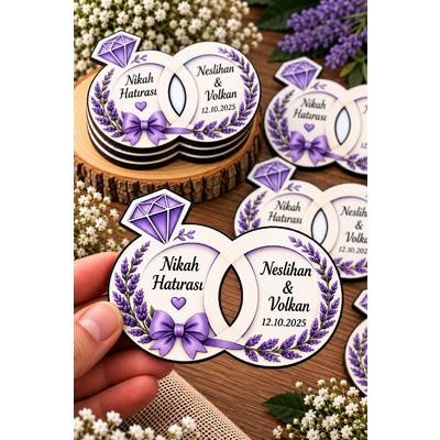 Mor Lavantalı Nikah Magneti – Kişiye Özel Alyans Yüzük Modeli Ahşap MDF 8x6 cm