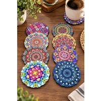 6'lı Toptan Mandala Desenli Ahşap Bardak Altlığı – Renkli Dekoratif Modeller 100 Adet 