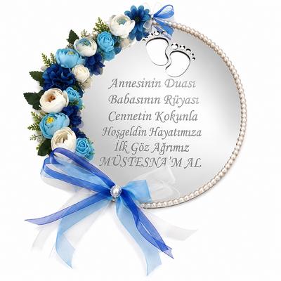 Kişiye Özel Aynalı Bebek Kapı Süsü 30×24 cm – Gümüş Çiçekli Model