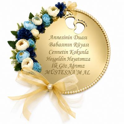 Kişiye Özel Gold Aynalı Bebek Kapı Süsü 30×30 cm – Çiçekli Ayak İzli Model