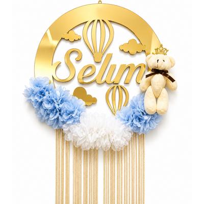 Kişiye Özel İsimli Gold Ayna Pleksi Balonlu Erkek Bebek Kapı Süsü 30x30 cm