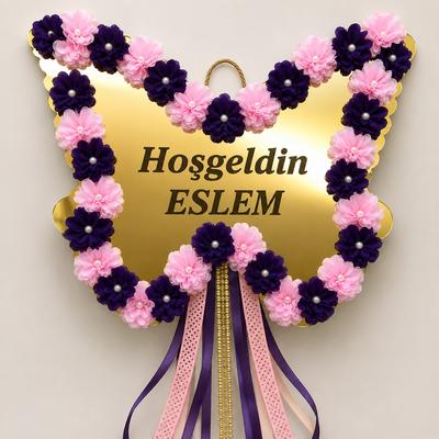 Kişiye Özel İsimli Gold Ayna Pleksi Kelebek Model Bebek Kapı Süsü 30x30 cm