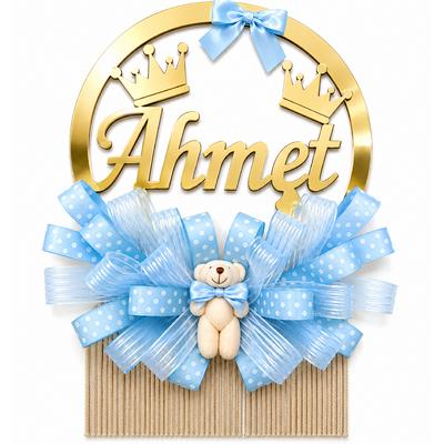 Kişiye Özel İsimli Gold Ayna Pleksi Taçlı Erkek Bebek Kapı Süsü 30x30 cm
