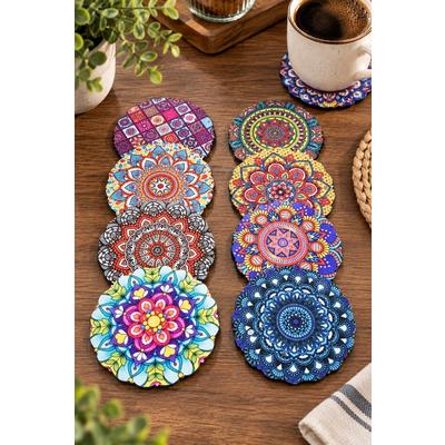 6'lı Toptan Mandala Desenli Ahşap Bardak Altlığı – Renkli Dekoratif Modeller 100 Adet